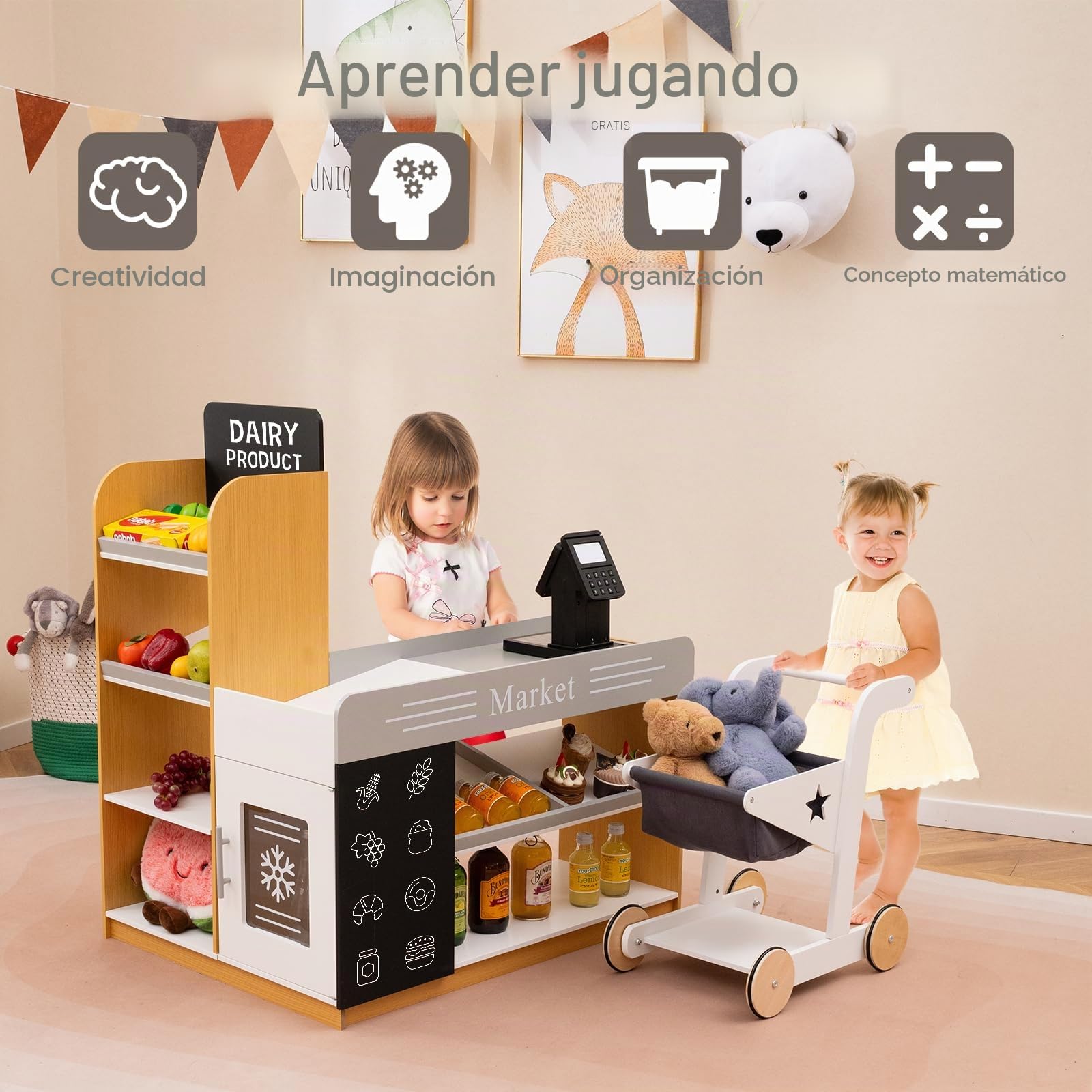 HOMASIS Juego de supermercado de Madera para niños, Tienda Infantil con Carrito, registradora y 2 pizarras, Puesto de Mercado Educativo, Juguete Creativo para niños de 3+ años, 80x60x35cm, Multicolor
