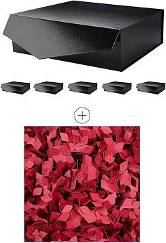 PACKHOME 6 Large Gift Boxes with Lids 13.5x9x4.1 InchesBlack,1 LB Sun Leaves Tea Paper for Decoration,Crinkle Cut Paper Shred FillerRed