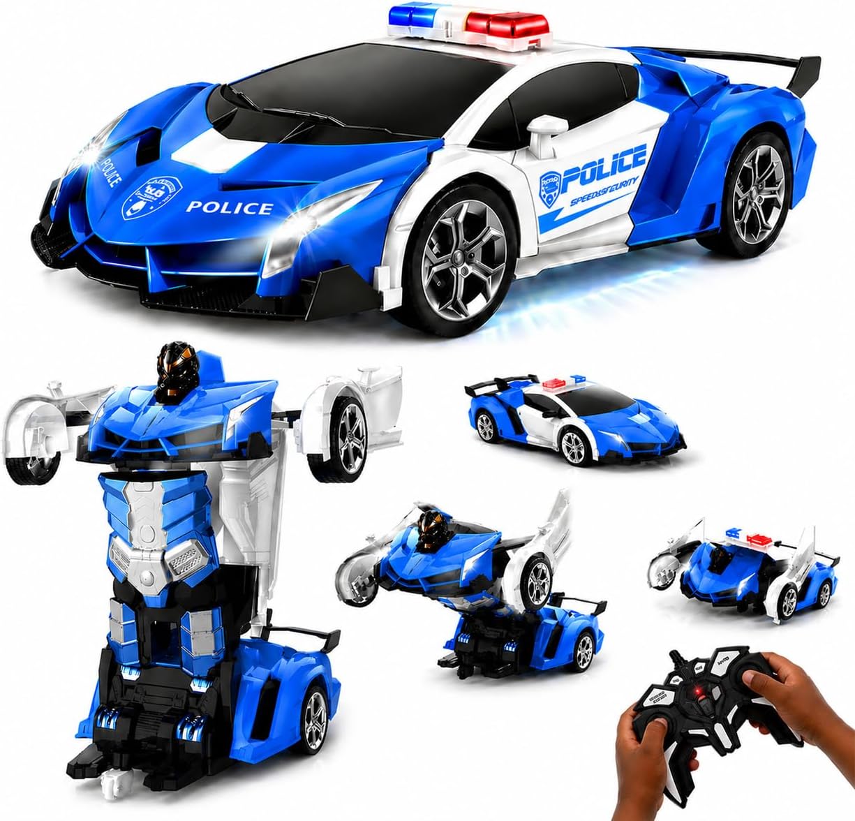 FIGROL Police Transformer Car, 2.4GHz Remote Control Police Car, One-Key Auto Transform, Dual Rechargeable Batteries, 360° Rotation, LED Lights Toy Gift for Boys Girls Ages 3+