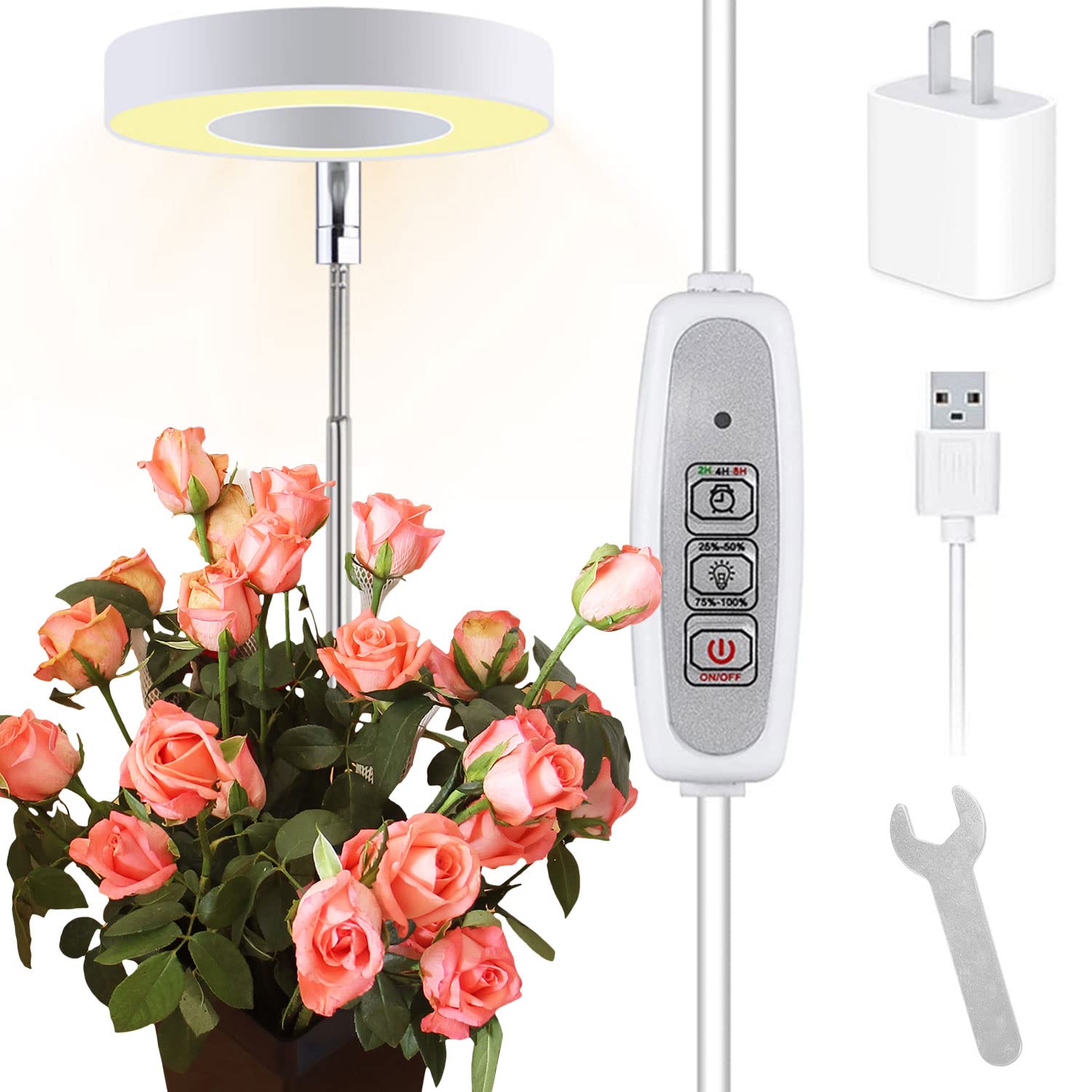 Grow Light for Indoor Plants, LED Growing Light Full Spectrum ,Height Adjustable Angel Ring Plants Growing Lamp, 4/8/12HAutomatic Timer, 5V Low Safe Voltage,Ideal for Small Plant Light(1 Pack)