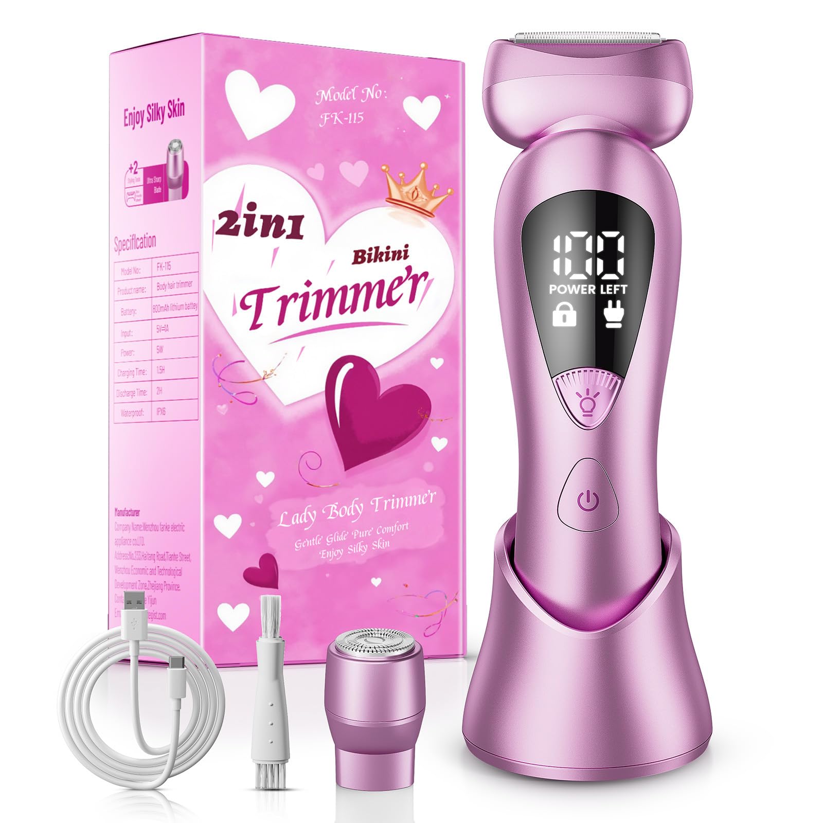 rategist Electric Bikini Trimmer for Women: Rechargeable Painless Shaver for Body Hair - IPX7 Waterproof Cordless Razor with LED Display for Face/Leg/Armpit Coral Pink