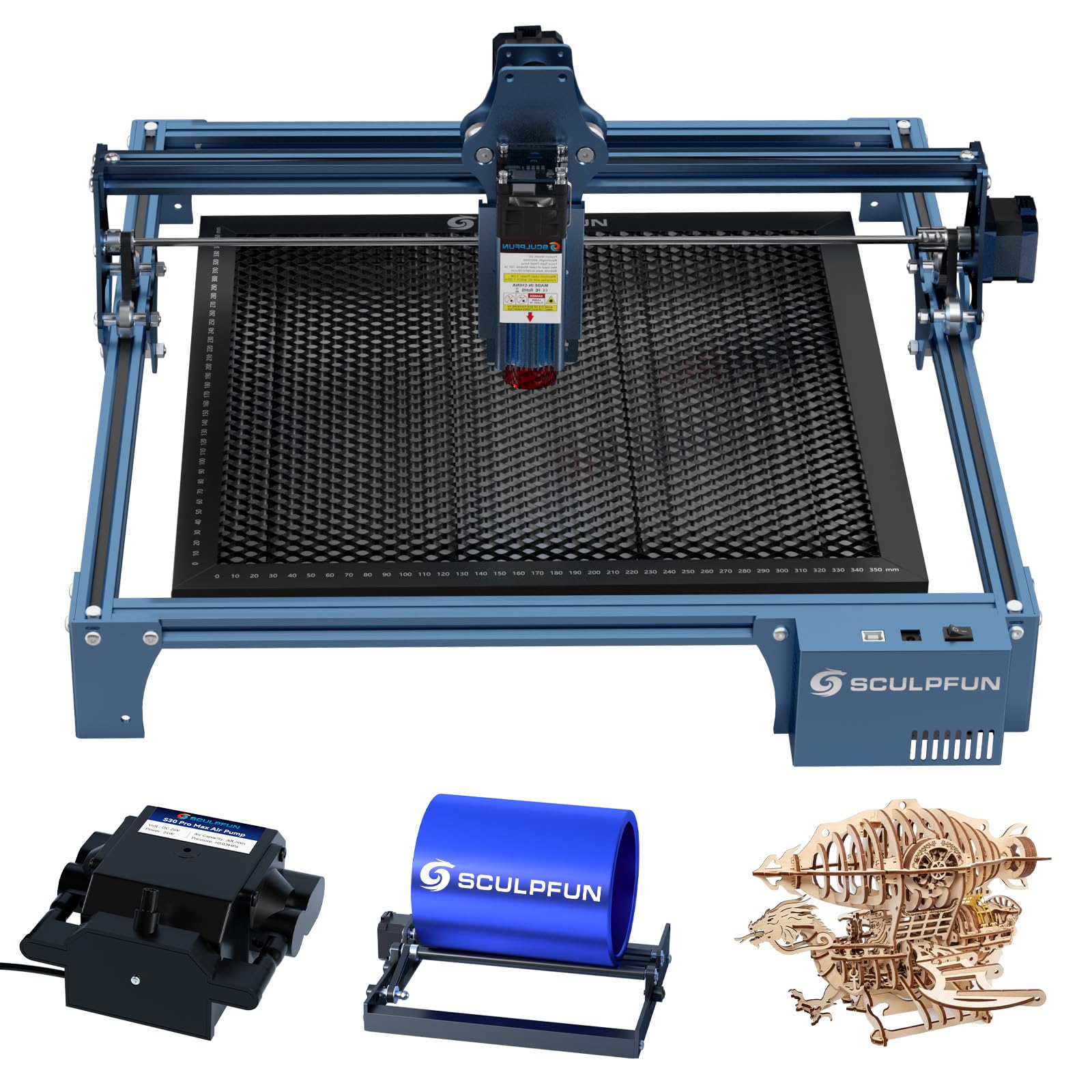 SCULPFUN S9 La-ser Engraving Machine with Air Assist Kit, Rotary Roller, Honeycomb Table, 5W High Precision Engraver Cutter, 0.06mm Ultra-Thin Beam Diode for Wood Leather Acrylic