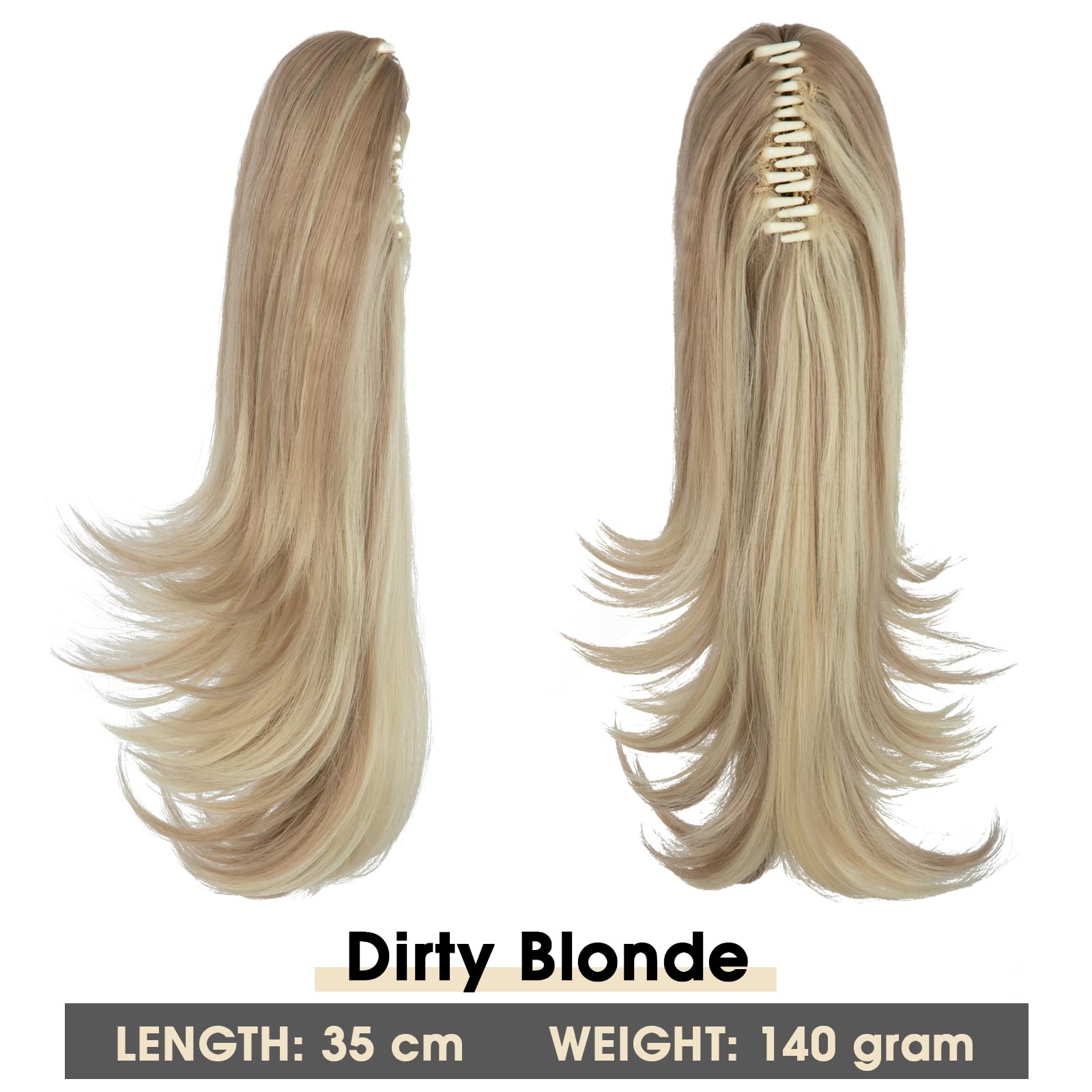 CJL HAIR Short Claw Clip Ponytail Hair Extension Drawstring Synthetic Fake Hairpiece for Women 14" Straight Ponytail with End Curls Dirty Blonde - Image 2