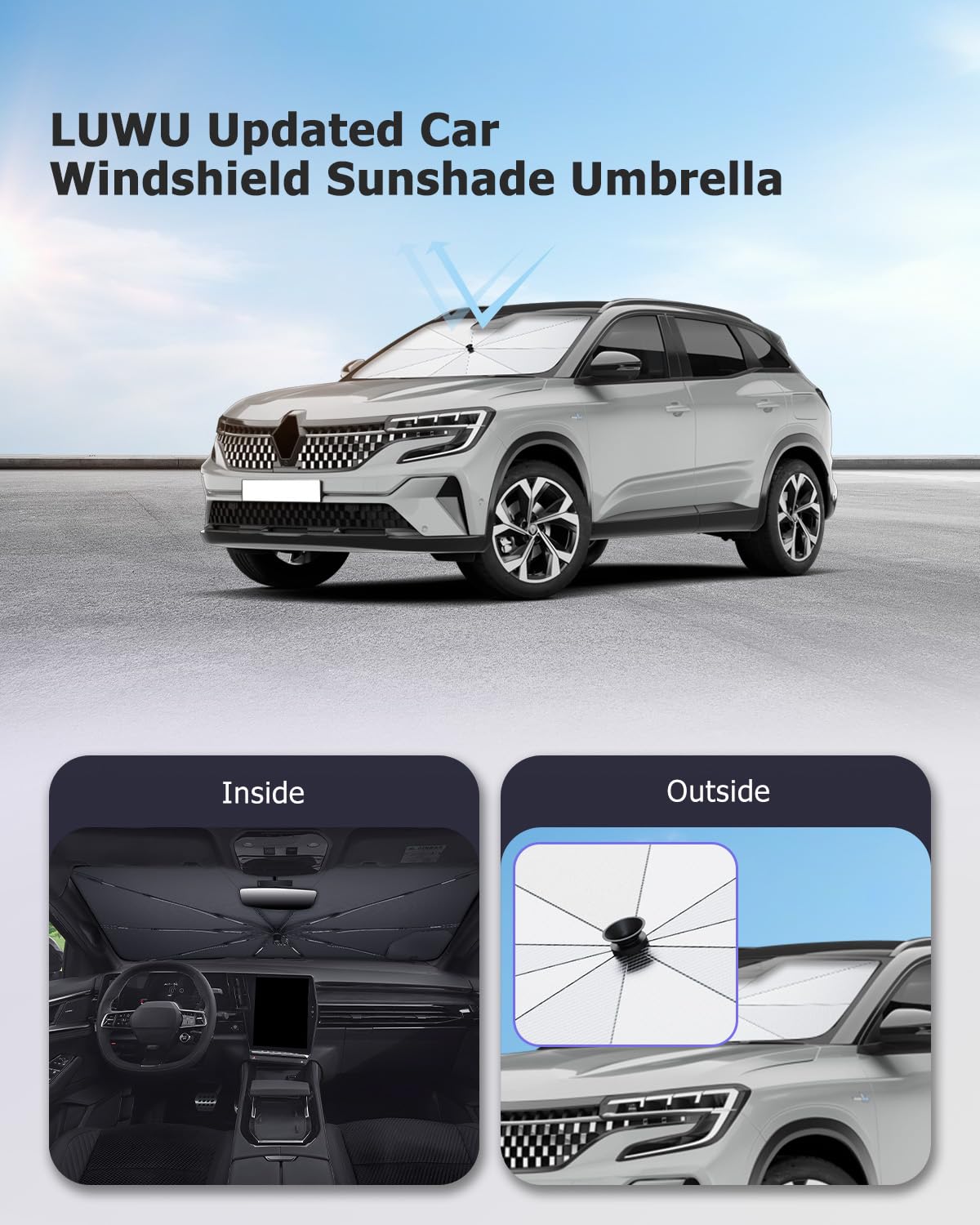LUWU [Amélioré] Pare-Soleil Voiture Compatible avec Renault Austral E-Tech 2023-2025 2026 Parasol de Pare-Brise Avant en Forme de Parapluie avec Protection UV & Anti-Chaleur Accessoires Austral