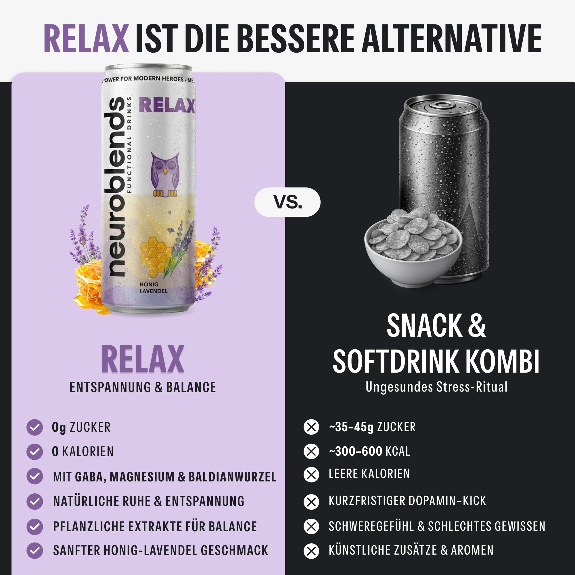 RELAX - Functional Relax Drink Honig-Lavendel I Mit GABA, Baldrianwurzel, Kamille & Magnesium I 0 Zucker & 0 Kalorien I Alkoholfreie Alternative zum Abschalten (24x 330ml)