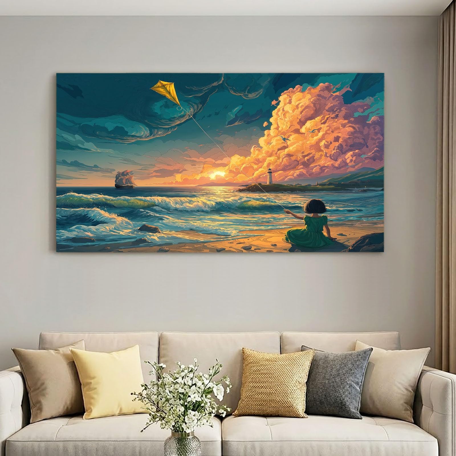 Małe płótno sztuka ścienna anime krajobraz, oprawiony nadruk 91,4 x 61 cm