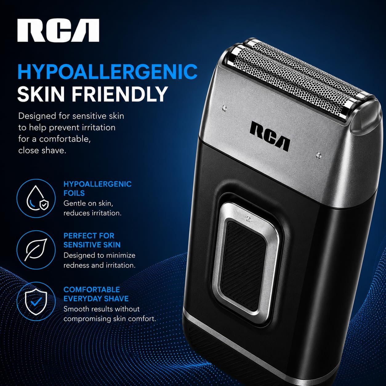 RCA Foil Shaver for Men, Battery Powered Electric Foil Shaver with Dual Floating Safety Blade Head, Stainless Steel Blades, Washable Heads & Protective Cover, Cordless Shaver for Men