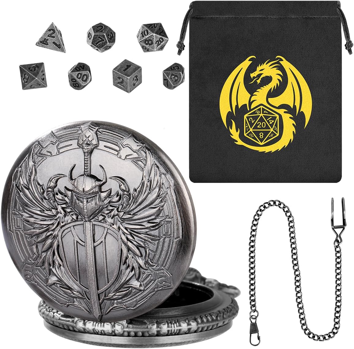 Mini DND Dice Set with Steampunk Paladin Pocket Watch Shell Case, DND Starter Set, 7pcs Polyhedral Mini Metal Dice Set, DND Gifts with Gift Bag, Role Playing Board Game Accessories, Silver