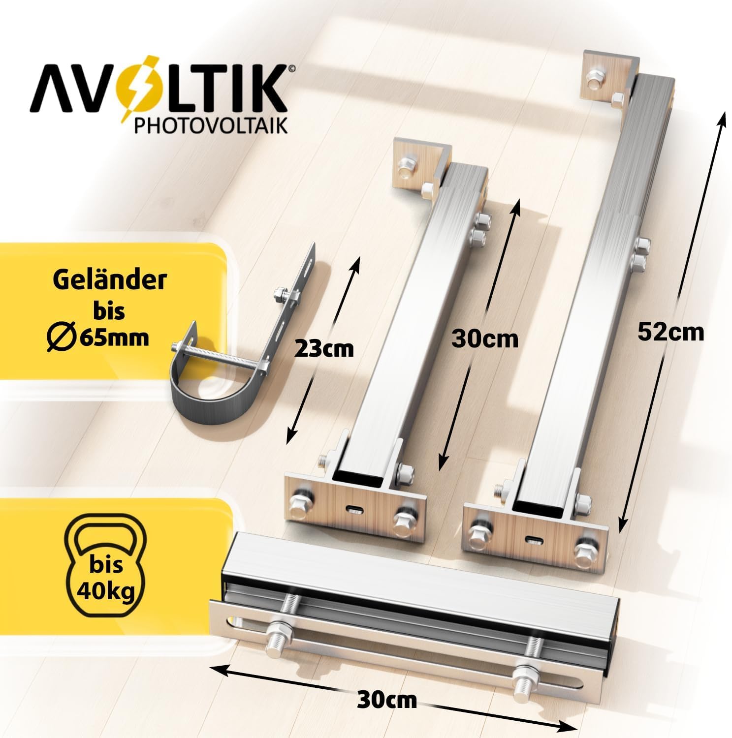 Avoltik 2x Balkonkraftwerk Halterung Balkon Geländer für alle Solarpanel-Größen I Solarmodul Halterung aus robustem Aluminium I Balkonkraftwerk Befestigung verstellbarem Winkel 0 ° oder 15-30°