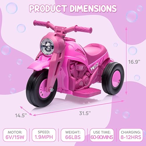 Miniatura 5 de Hetoy - Coche de burbujas para niños, motocicleta eléctrica de 6 V con batería de 1.9 MPH de velocidad con faros LED, música, pedal,