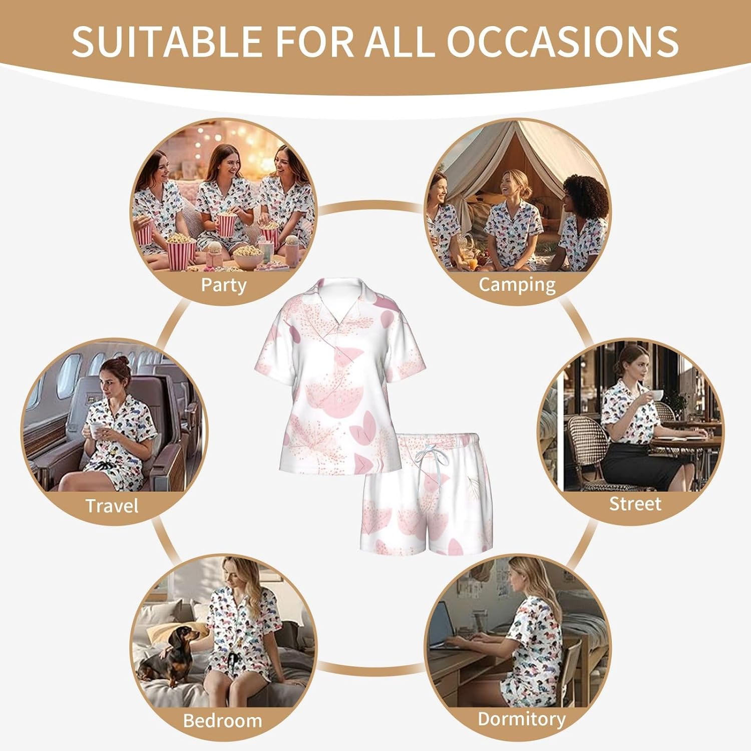 Hand-painted floral line pattern Women's Short Sleeve Pajama Set Polyester Full Print 2 Piece Sleepwear with Pockets