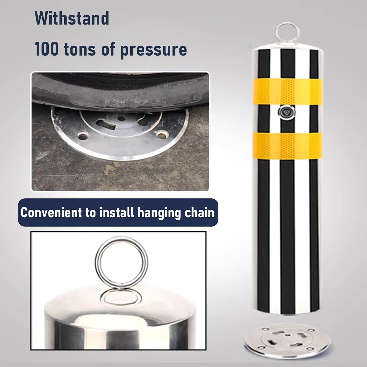 Stainless Steel Detachable Safety Bollard, Built in Safety Lock with Reflective Strip and Chain Loop, Parking Barrier(1pcs)