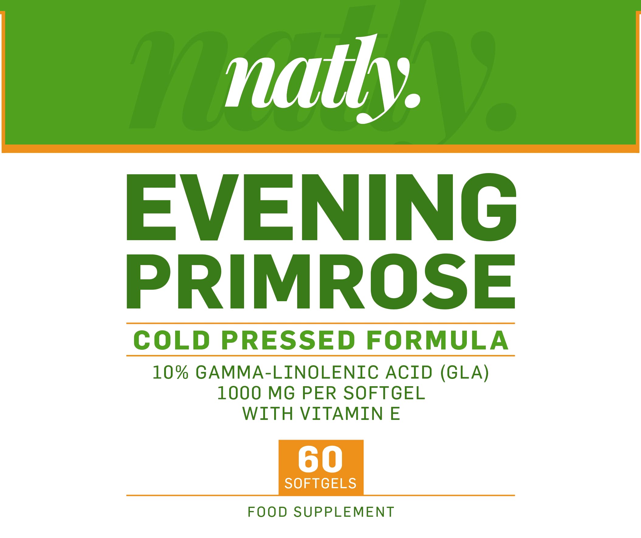 Natly Aceite de Onagra 1000 mg | 60 Perlas con Ácidos Grasos Esenciales Omega 6 con GLA y Vitamina E | Ayuda Piel, Hormonas, Bienestar Femenino | Evening Primrose Oil