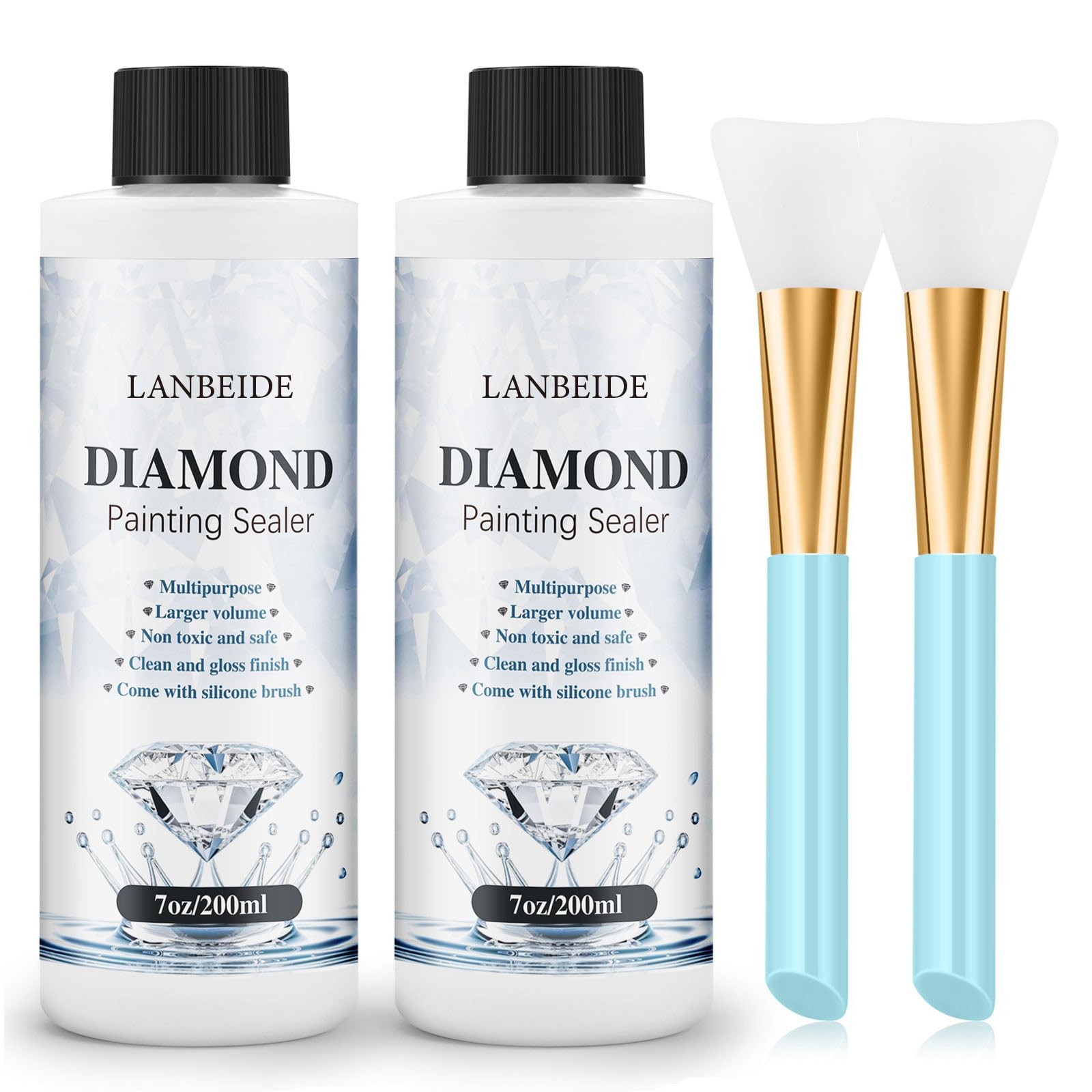 LANBEIDE Updated Diamond Painting Sealer 200ML with Silicone Brush 2 Packs, 5D Diamond Painting Glue Sealer for Diamond Art Coaster Permanent Hold & Shine Effect Conserver for Jigsaw Puzzles (14 OZ)