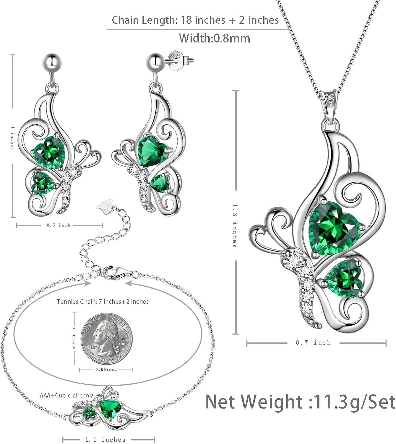 Butterfly Heart Jewellery Sets - Women 925 Sterling Silver Animal Butterflies Birthstone Necklace Earring Bracelet Set Crystal Wedding Birthday Jewelry - Image 3