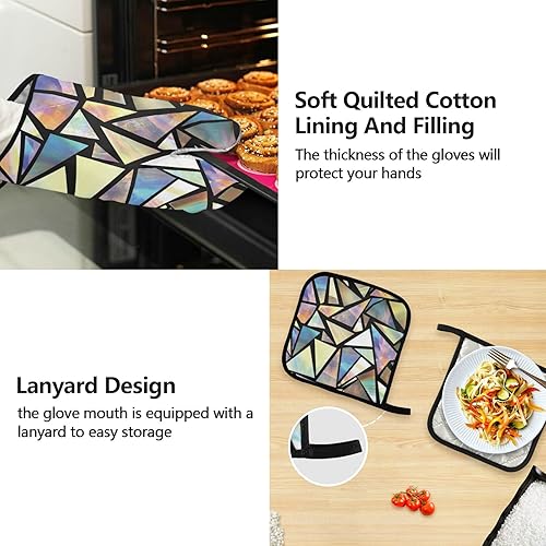 Miniatura 4 de xigua Juego de ropa de cocina con triángulos iridiscentes, delantal de cocina abstracto, 2 agarraderas, 2 guantes de horno, accesorios de cocina
