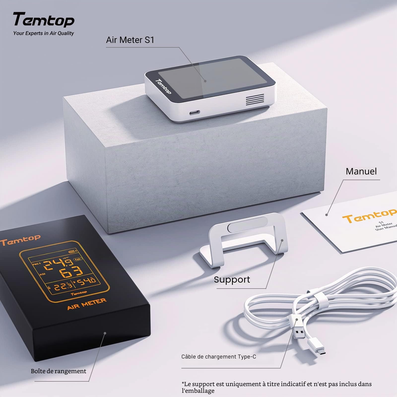 Temtop S1+ Appareil de Mesure de la Qualité de l'air PM2,5 AQI Température et Humidité, Thermomètre Hygromètre Connecté APP, Autonomie de Batterie Longue de 100 Jours pour Maison