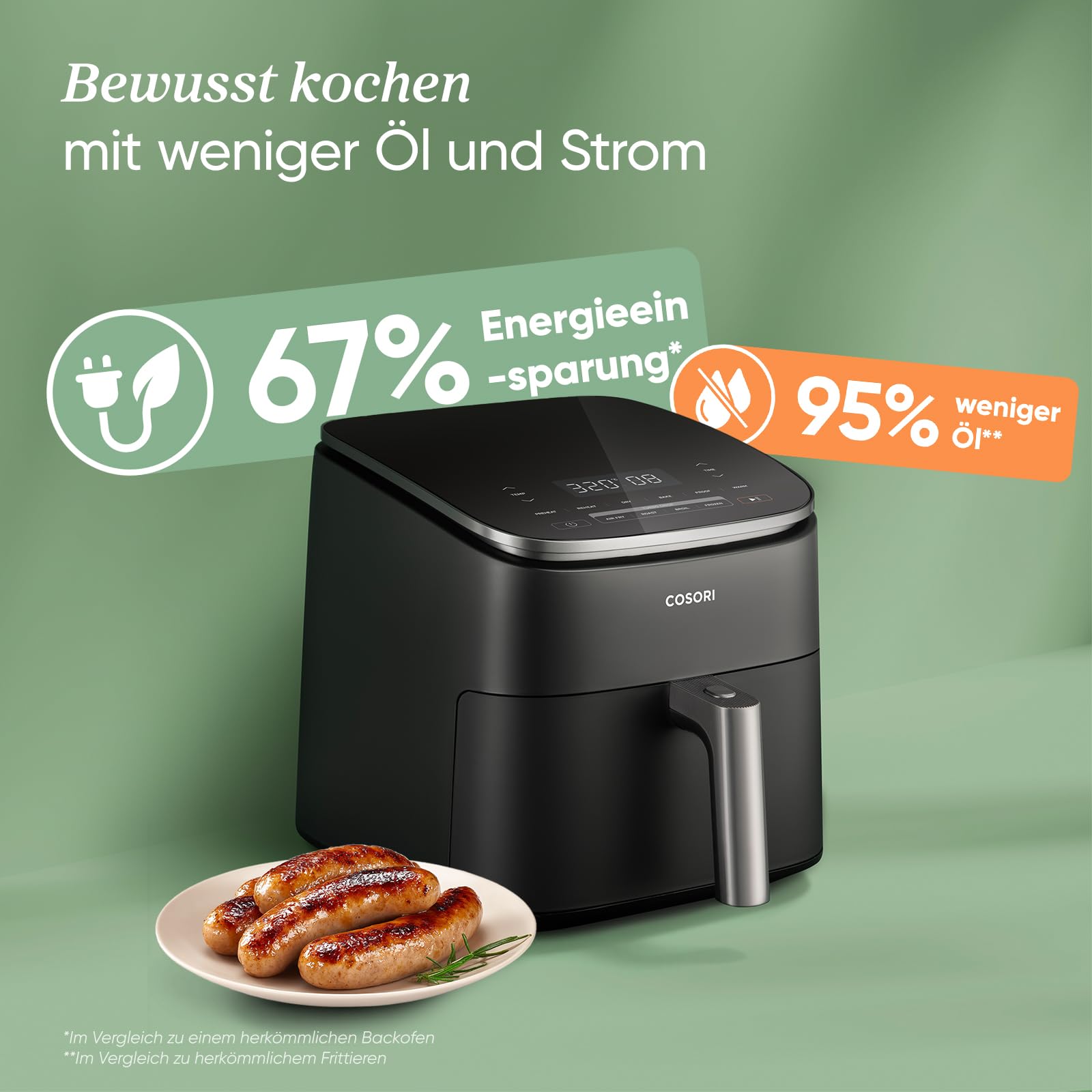 Cosori Turboblaze Airfryer Heißluftfritteuse 9-in-1 XXL 6L leiser DC Motor 5 Geschwindigkeitsstufen Grillen Backen Gären Dehydrieren Tiefkühlen 87 Rezepte 64% energiesparend