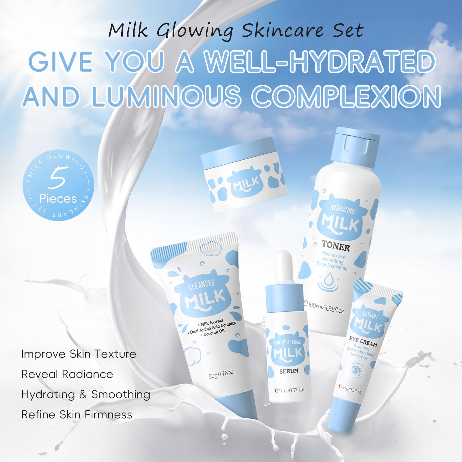 Milk Skincare Set, 5PCS Milk Skincare Set for Teen Skincare, Teenage Girls Gift Sets with Cleanser, Toner, Eye Cream - Image 3