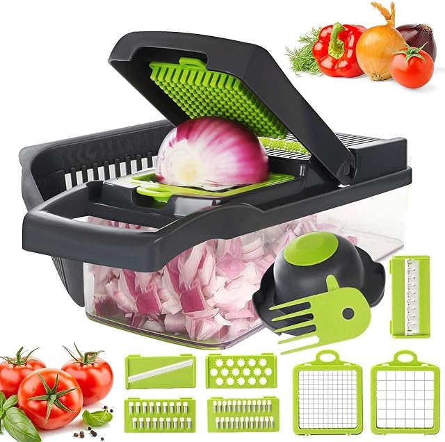 Vegetable Chopper, 12 in 1 Mandoline Slicer Food & Onion Chopper Cuber Cutter Onion Dicer, Veggie Slicer Manual for Garlic, Cabbage, Carrot, Potato, Tomato, Fruit, Salad (Grey and Green)