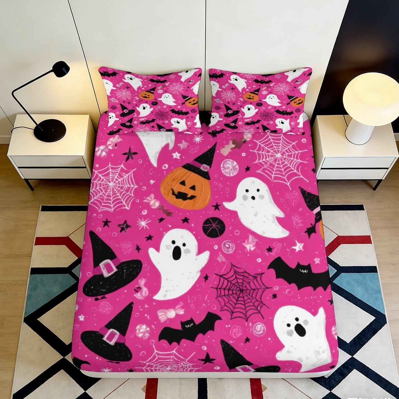3D Printed Halloween Ghost Pumpkin Fitted Sheet Microfiber Pink Bed Cover for Bedroom Dorm Decor Easy Care 90x200x25cm