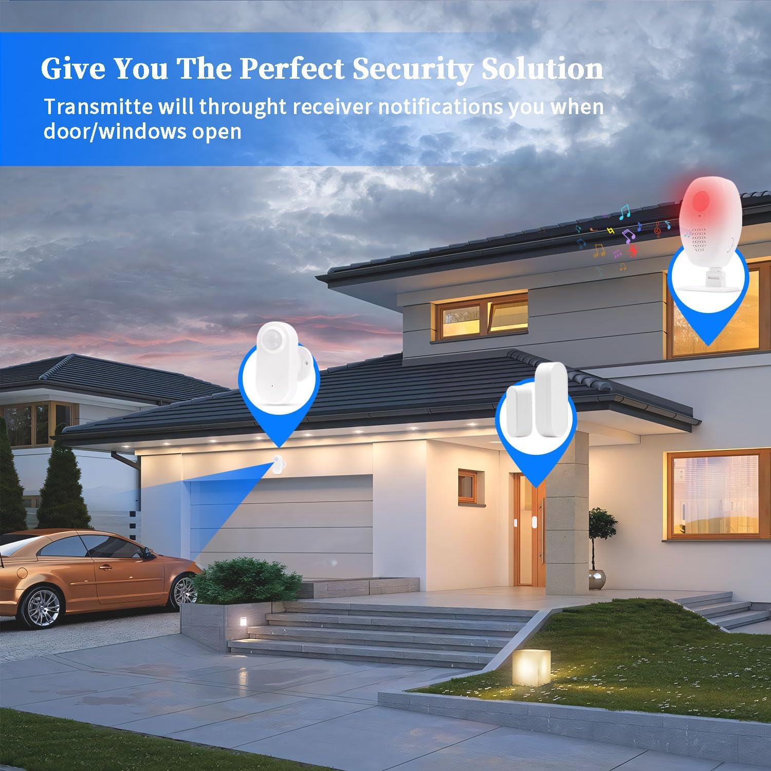 Waytronic motion sensor providing security for a home exterior, detecting movement near the garage and entrance.