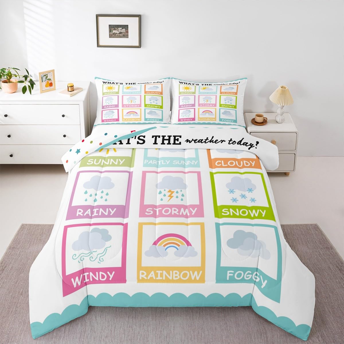Feelyou Kids Educational Comforter Set Full Size, Weather Duvet Insert Learning Bedding Set Boys Girls Kindergarten Teens Bedroom Decor Bed Set 3Pcs