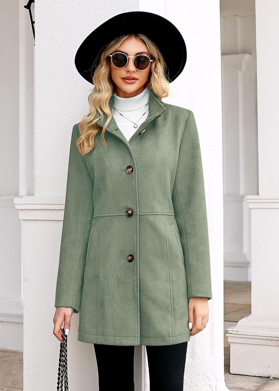 Womens Winter Suede Coat Stand Collar Single Breasted Overcoat with Pockets Mid Length Trench Coats - Image 5