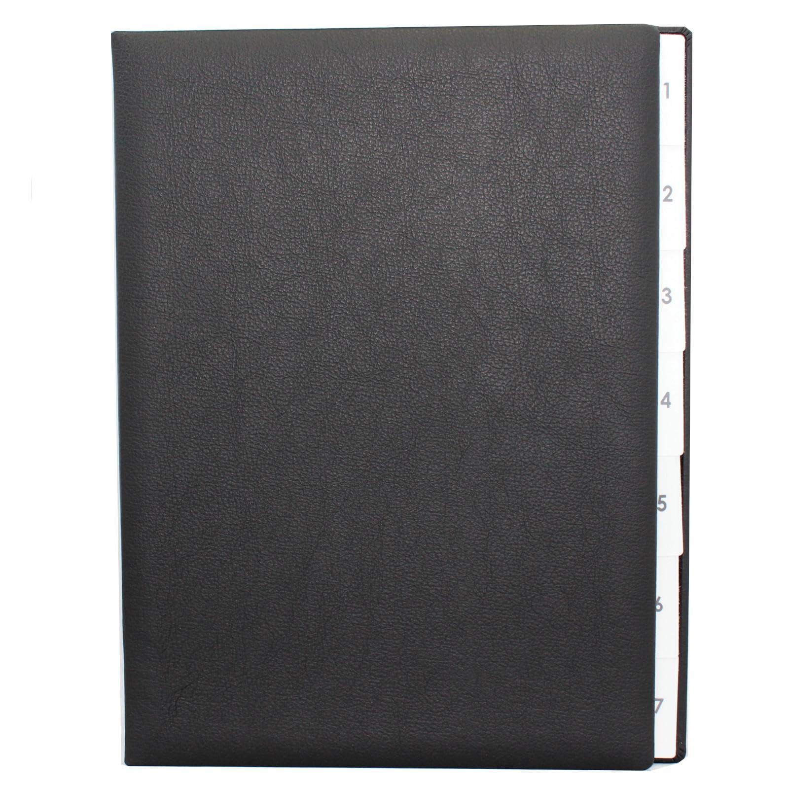 Raccoglitore con registro 1-7, pelle bovina grana nera, adatto per DIN A4, copertina morbida con dorso elastico, divisori in cartone nero con fori di visualizzazione