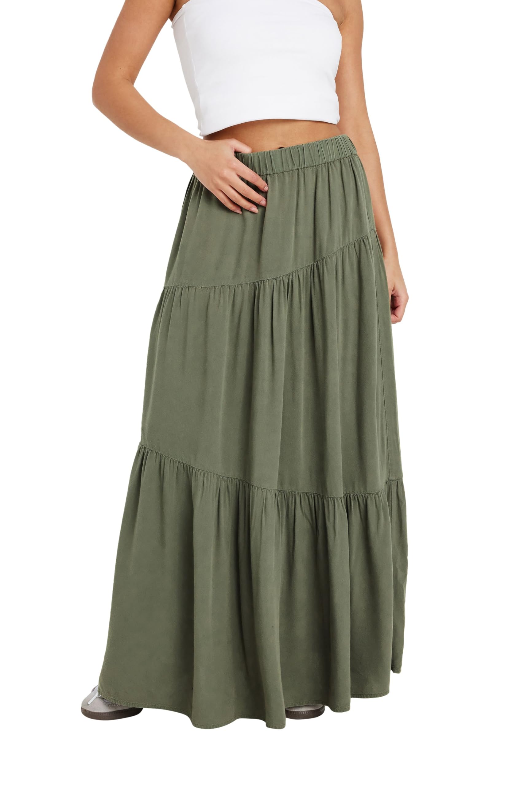 PixieGirl Maxi Skirt - Asymmetric Tiered - Light Khaki - Size 10