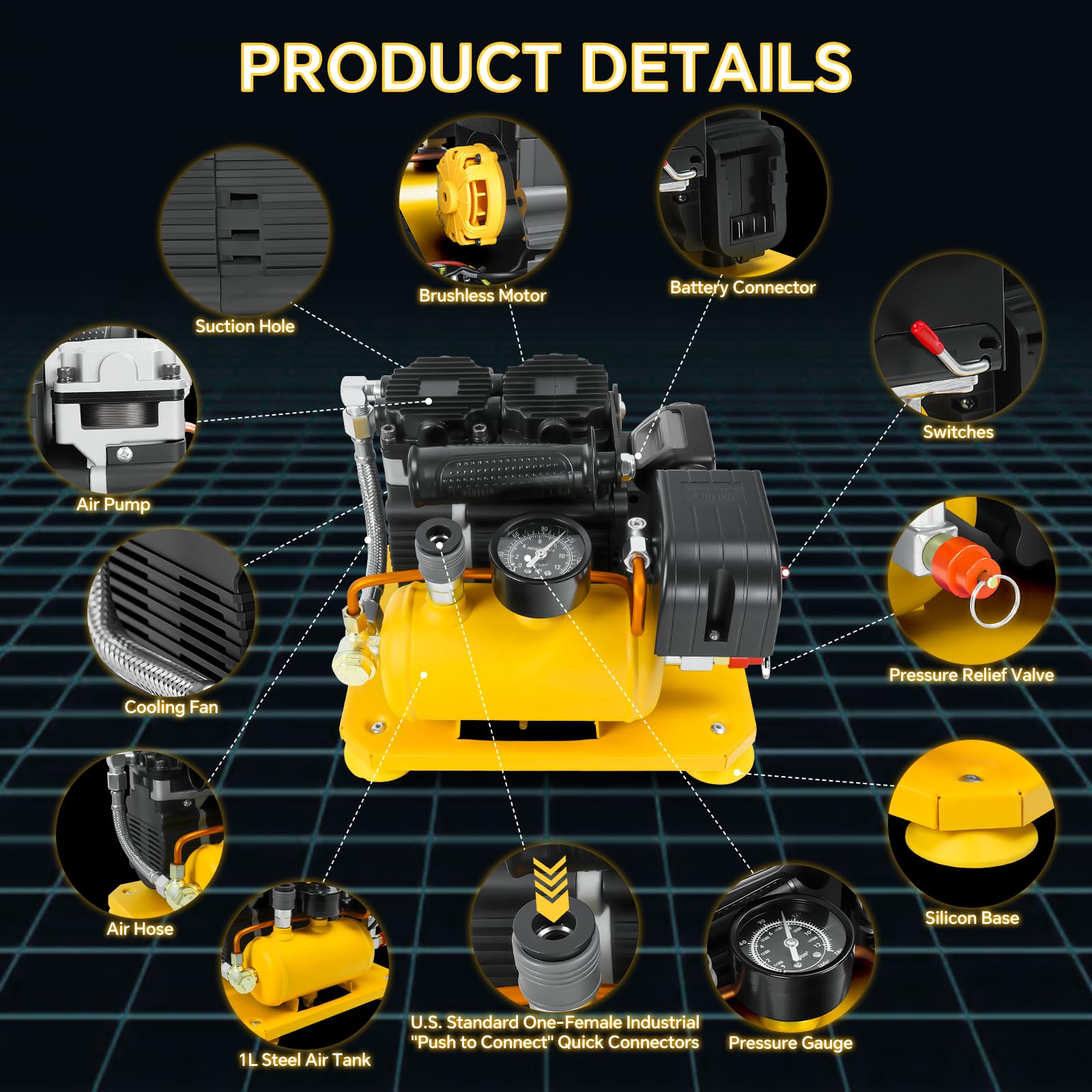 Compresor de aire inalámbrico compatible con batería Dewalt de 20 V, capacidad de 0.26 galones, sin aceite, compresor de aire portátil ultra silencioso, compresor de aire eléctrico de nivel de ruido