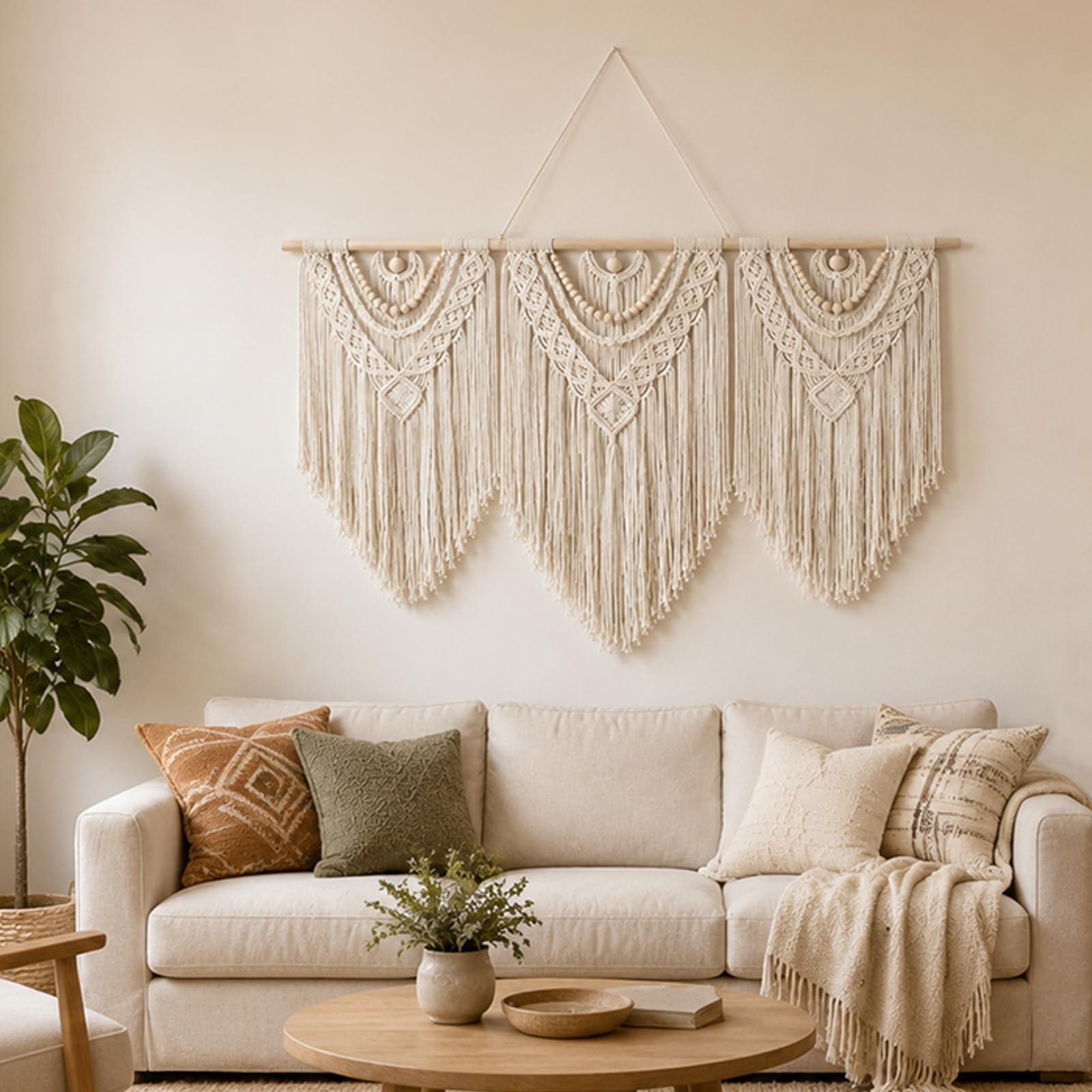 Großer Makramee-Wandbehang, Baumwolle, handgewebt, Boho-Tapisserie, Wanddekoration, Heimdekoration für Schlafzimmer, Wohnzimmer, Wohnung, Kinderzimmer (weiß, Perle)