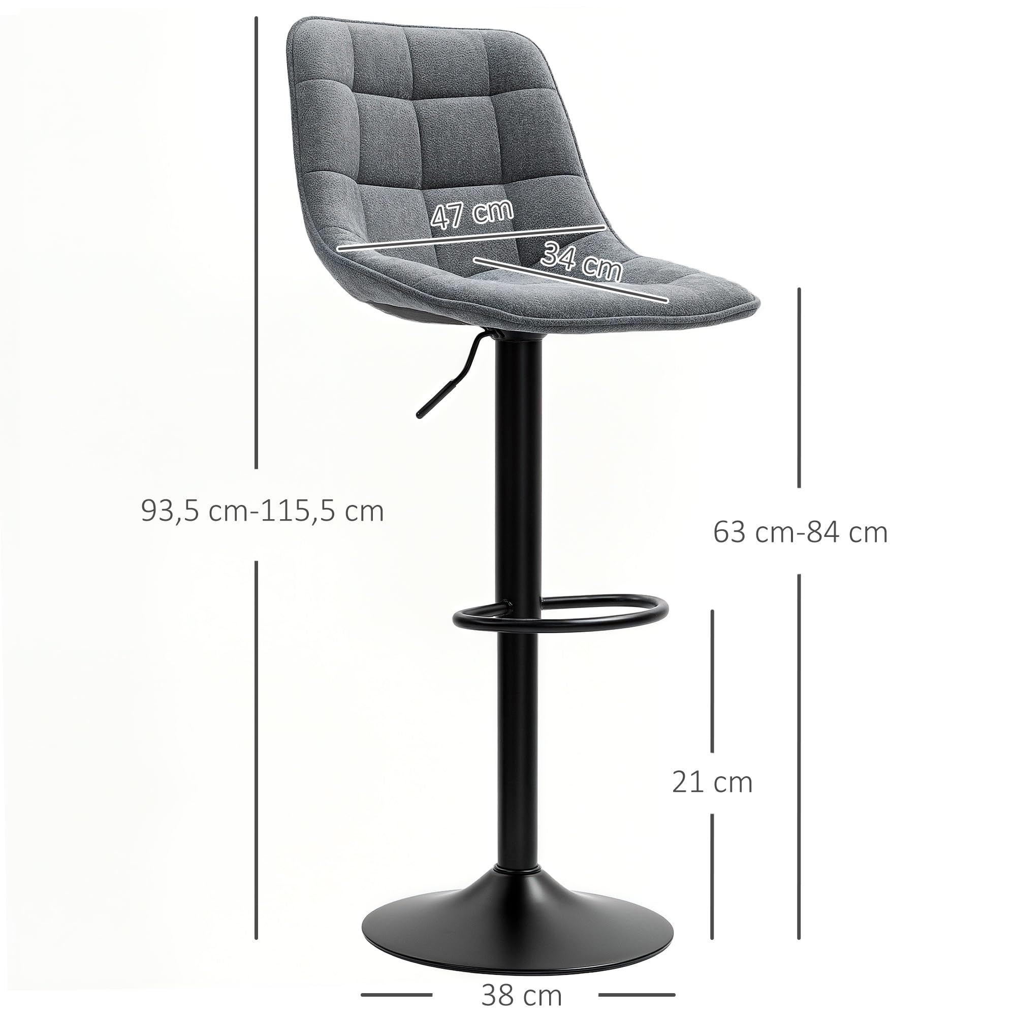 HOMCOM Barhocker 2er-Set, Gepolstert Barstuhl mit Lehne, Stahlgestell, Chenille-Optik, Höhenverstellbare Küchenstühle mit Fußstütze 360° Drehbar Tresenhocker für Küche, Wohnzimmer Dunkelgrau