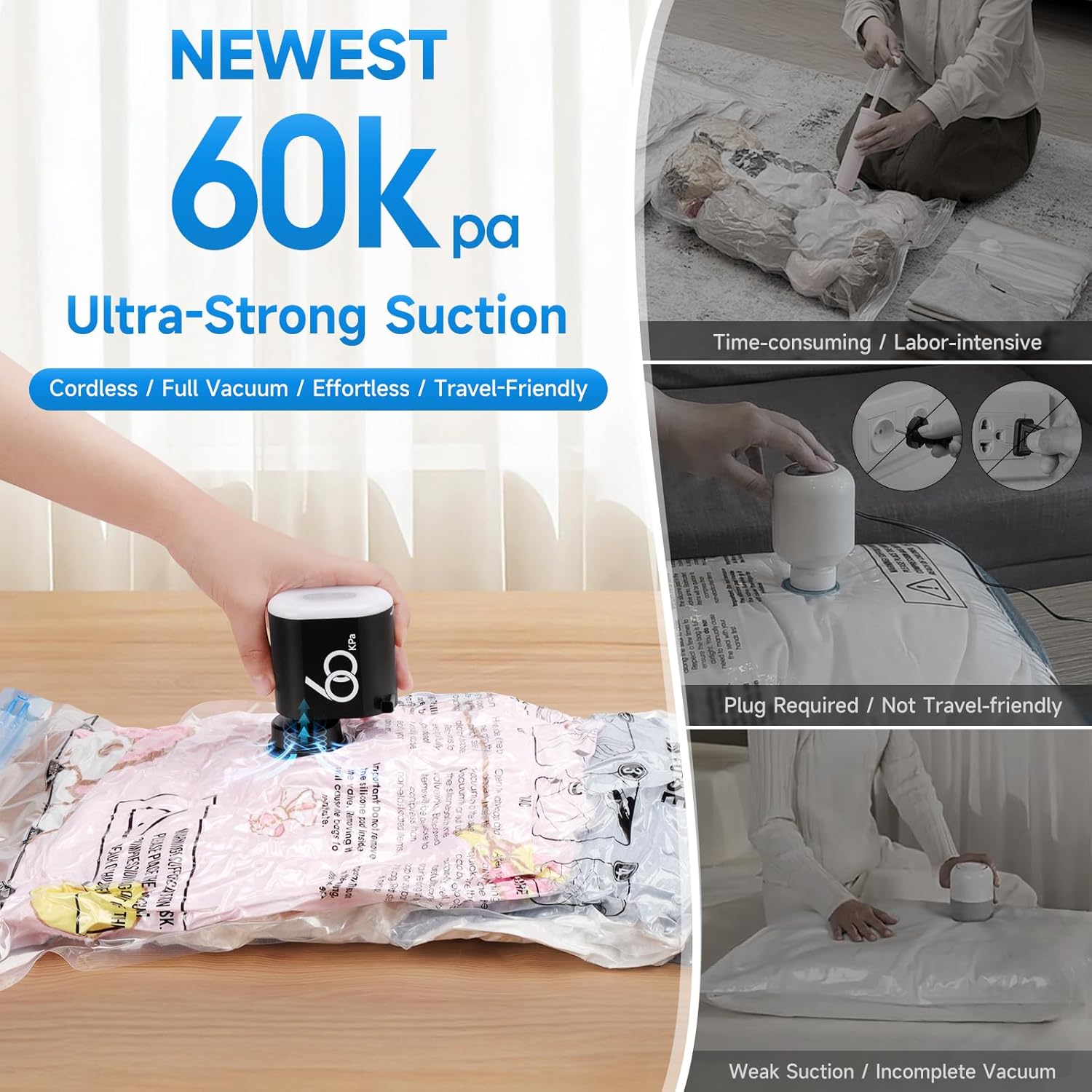 60 Kpa Cordless Electric Pump for Vacuum Storage Bags, Travel 3600mAh Rechargeable Electric Air Pump for Various Seal Bags, Portable Vacuum Pump for Space Saver Bag for Clothing, Luggage (Pump Only) - Image 2