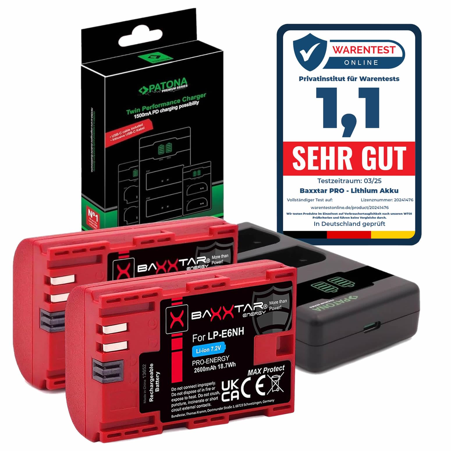 Baxxtar MaxProtect LP-E6NH Batterie 2X 2600mAh NTC Capteur V1 Boîtier - Chargeur 1500mA PD-Performance USB-C Compatible avec Canon EOS R5 R6 R6II R7 5D Mark II III 5DS 6D 7D 60D 70D 80D 90D XC10 XC15