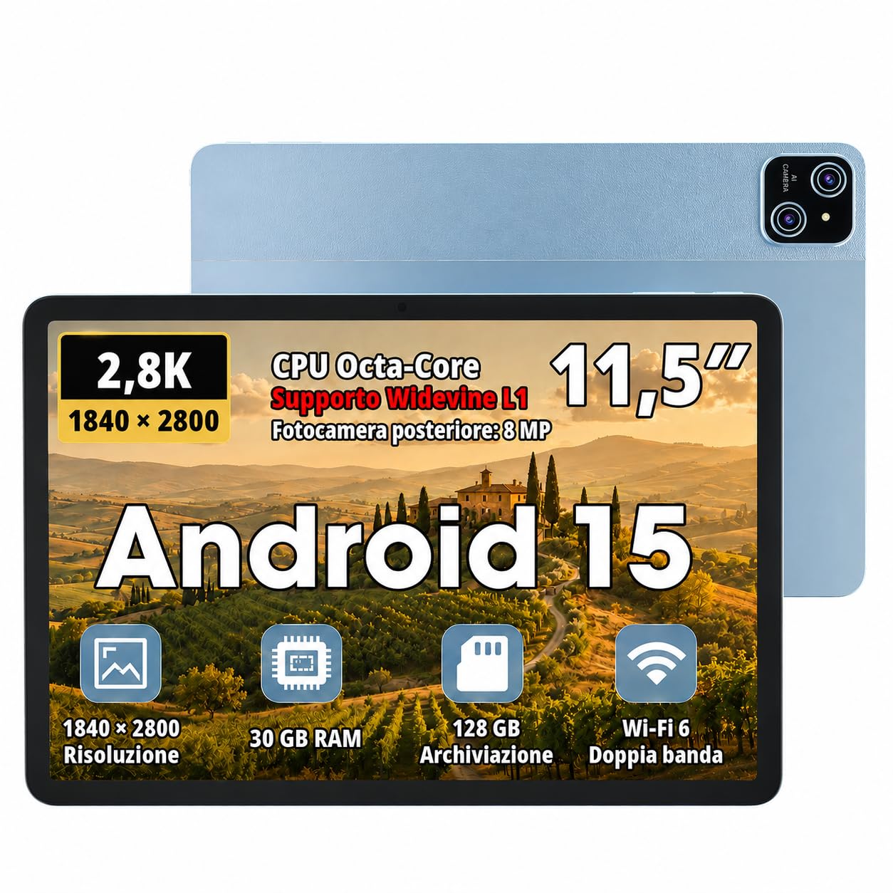 Android 15 Tablet 11,5 Pollici 2,8K Incell (1840×2800), Octa-Core Potente/30GB RAM+128GB(TF 2TB), Wi-Fi 6/6000mAh/Widevine L1/Ultra-Sottile 472g
