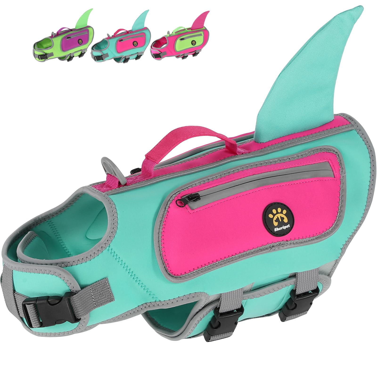 Sheripet Dog Life Jacket, Shark Dog Life Vest Adjustable Pet Swimming Safety Vest with Superior Buoyancy & Rescue Handle for Small Medium Large Dogs,