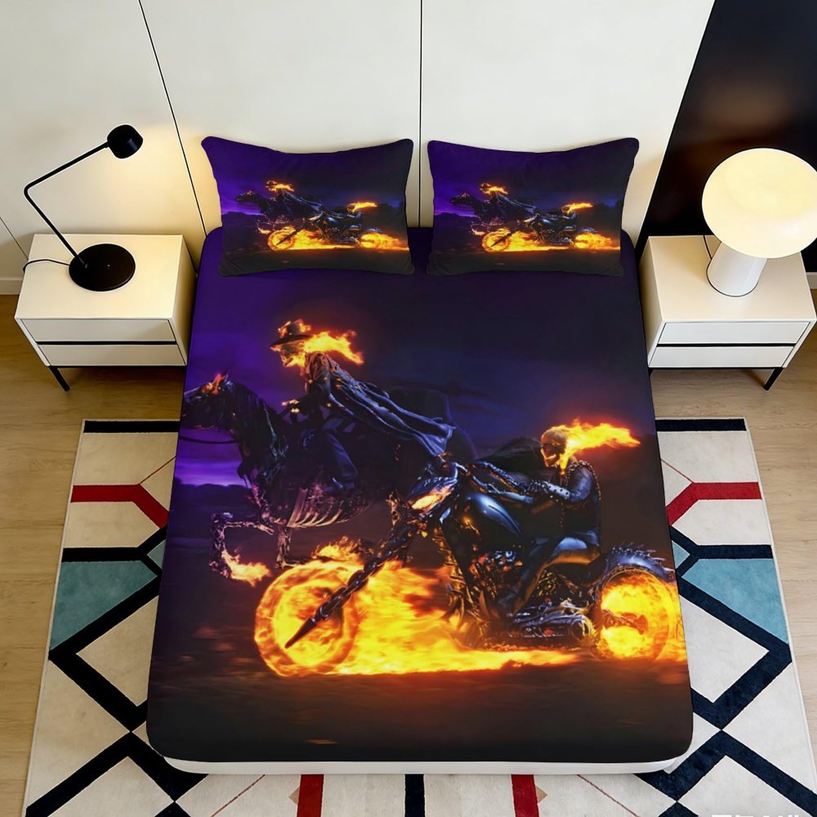 Pnayamiorkfel Style-2 3D Printed Flaming Skeleton Rider Fitted Sheet Microfiber Soft Bed Cover Fire Motorcycle Mattress Decor 90X200x25cm