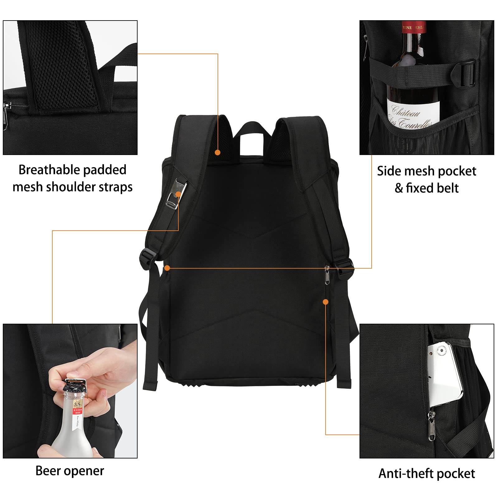 NEWHEY 30L Kühlrucksack Wasserdichten Isoliert Kühltasche Groß Picknickrucksäcke Leicht Lunch Tasche Rucksäcke Cooler Bag für Camping BBQ Wandern Picknick Schwarz