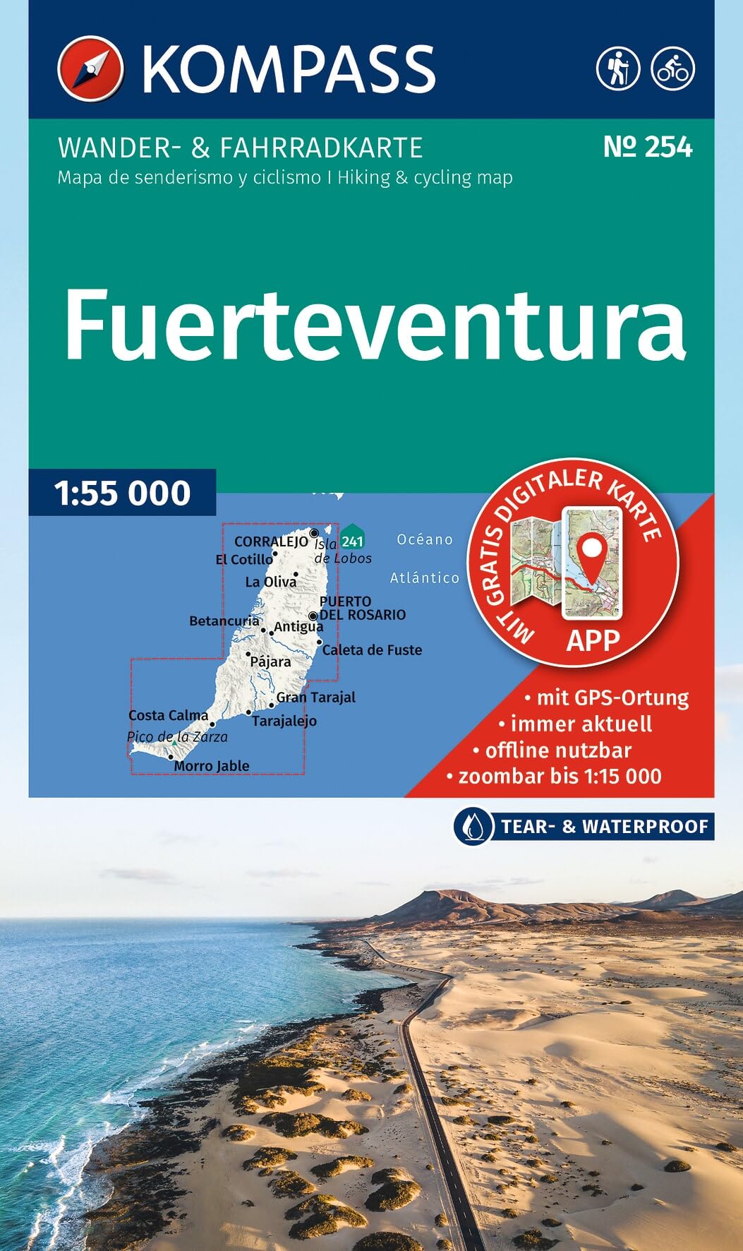 254 FUERTEVENTURA: Wander- und Fahrradkarte in einem - inklusive Offline-Verwendung in der KOMPASS-App. Wander-& Radwege, Surfspots