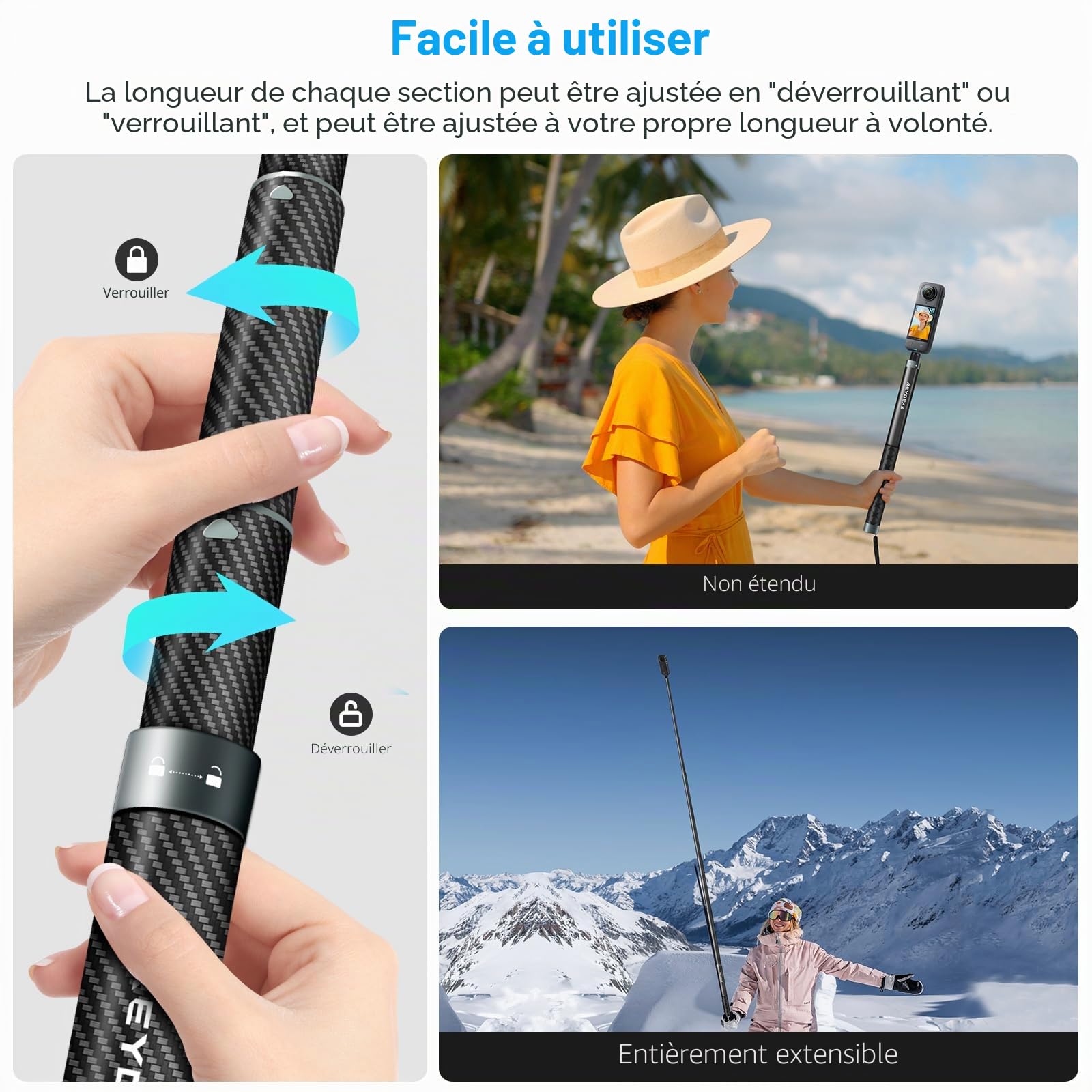 REYGEAK 300cm / 118 "Extended Selfie Rod pour insta360 X4, 7 Pieds Extra Long Invisible Selfie Rod avec 1/4 vis Fibre de Carbone Étanche Extension Monopode pour inst360 X4 / X3 /X2 / One