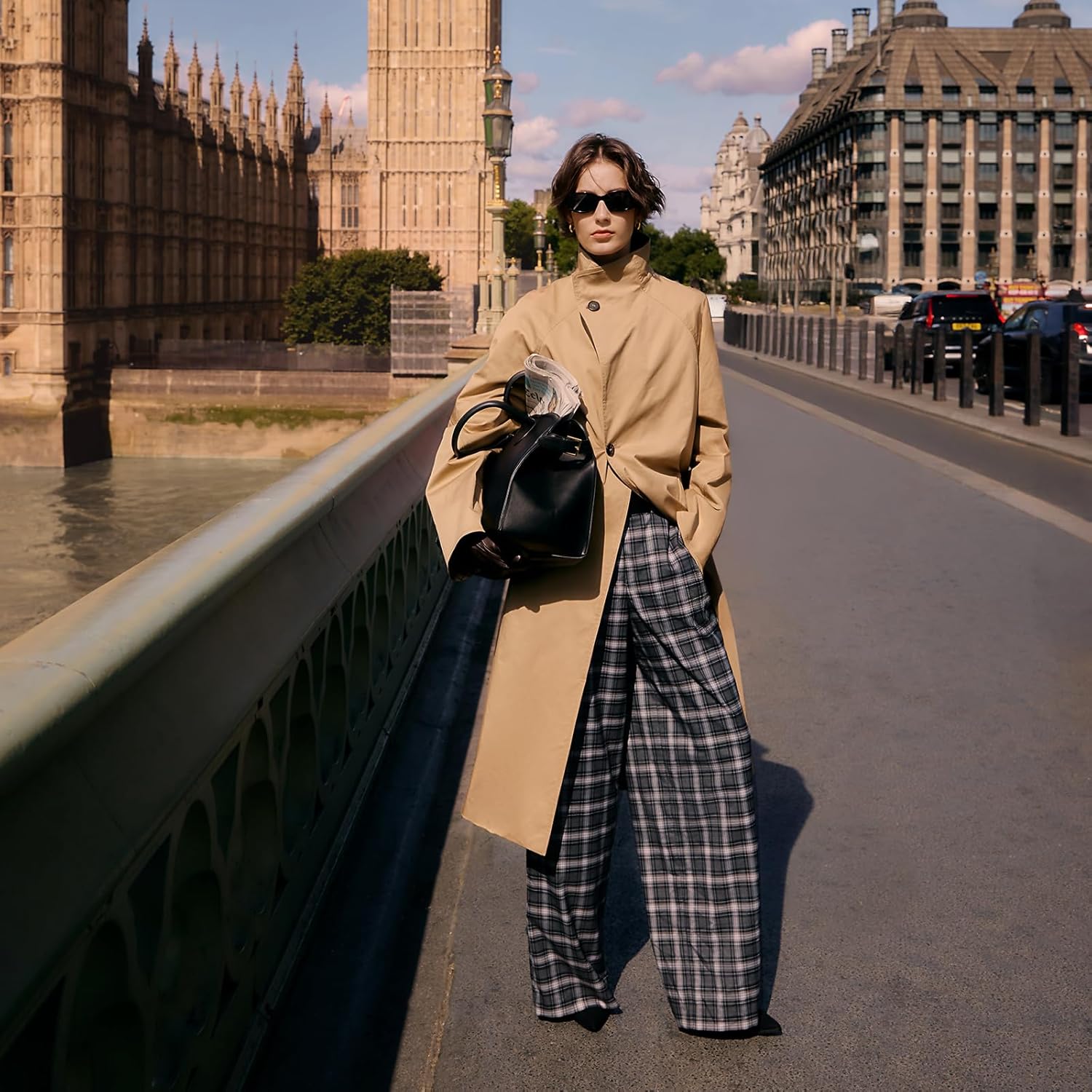 GOELIA Checkered Pants Women Palazzo Plaid Pants with Belt Wide Leg Black and Gray Gingham Trousers with Pockets Casual Work