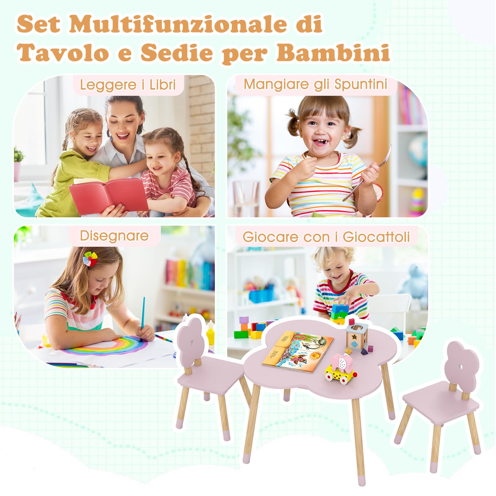 COSTWAY Set Tavolo per Bambini a Forma di Fiore, Tavolino e Sedia in Legno con 2 Sedie e Gambe in Legno di Pino Solido, Tavolino Bambini 3+ Anni per Disegno, Arte e Studio (Rosa)