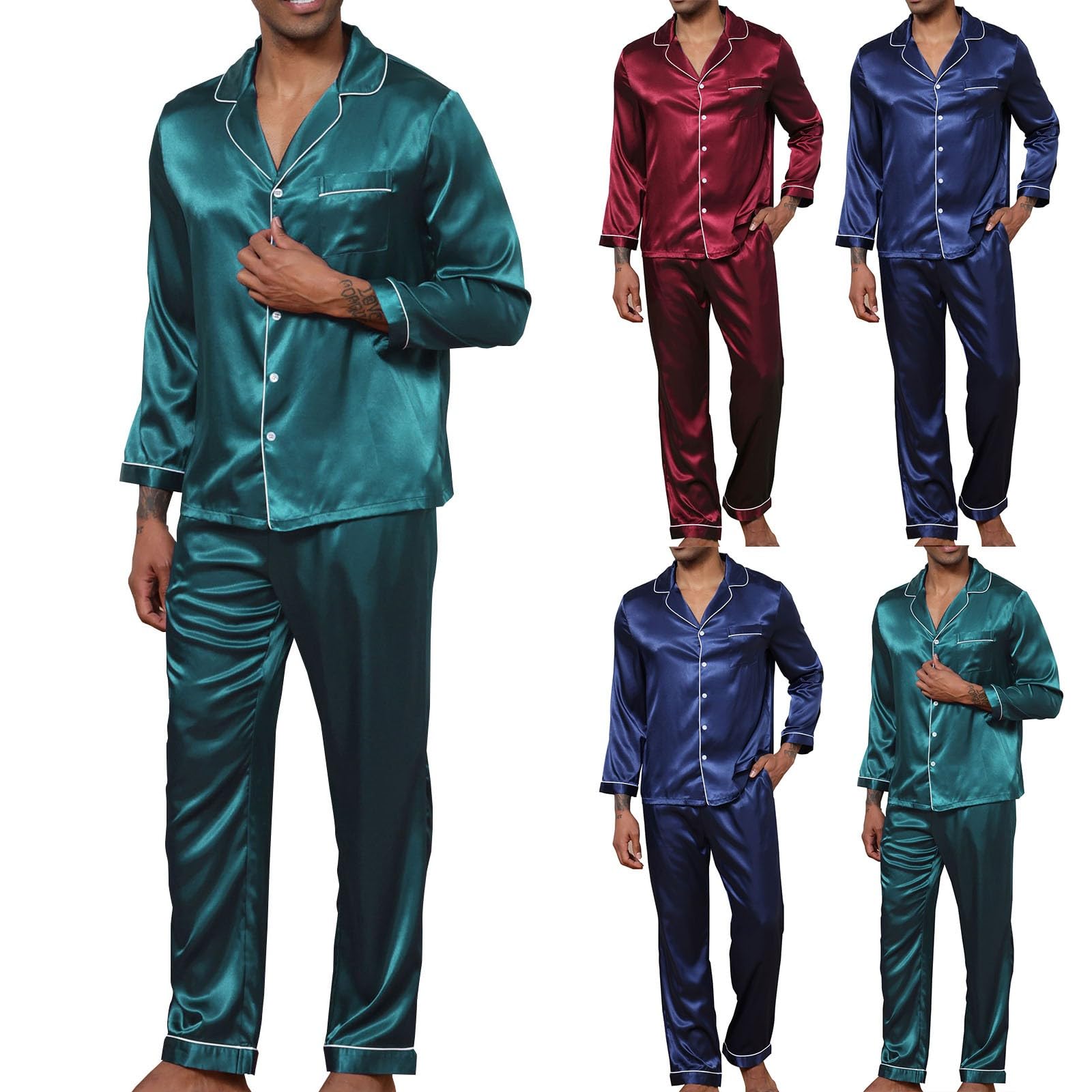 Conjunto de pijama liso para hombre, conjunto de pijama con botones para hombre, ropa de dormir texturizada para novio, ajuste clásico, con botones, ropa de dormir básica con solapas, camisa ligera