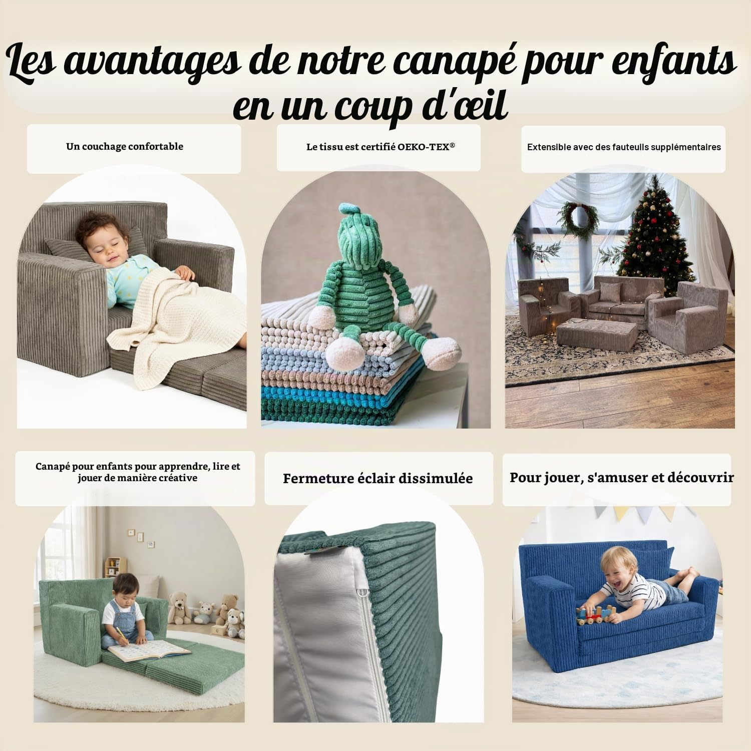 FORTISLINE Canapé pour enfant, dépliable, en velours côtelé, 83 x 47 x 43 cm, avec surface de couchage de 112 cm, canapé pour chambre d'enfant, avec coussin, housse amovible et lavable, certifié