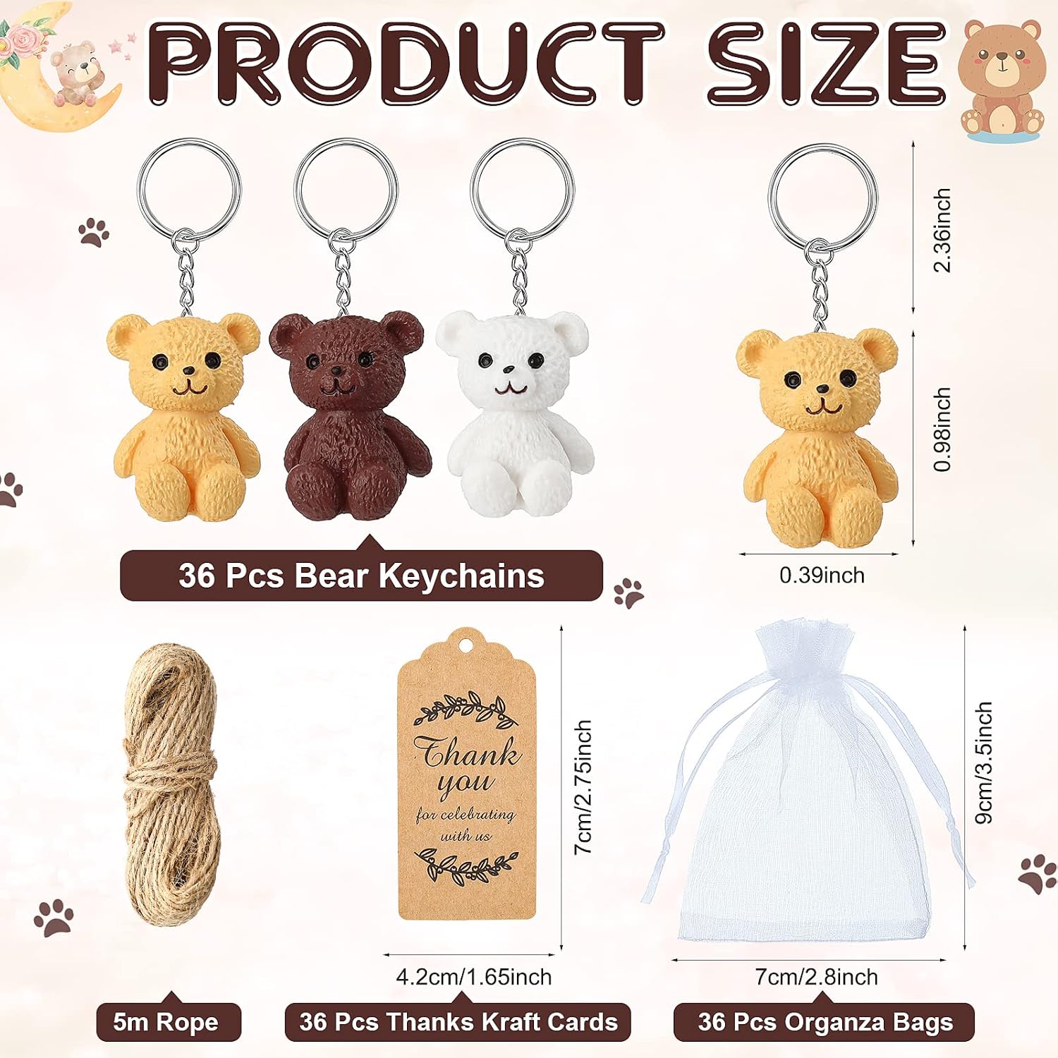 Roowest 36 Set Bear Party Favors Mini Bear Keychains Thank You Gifts