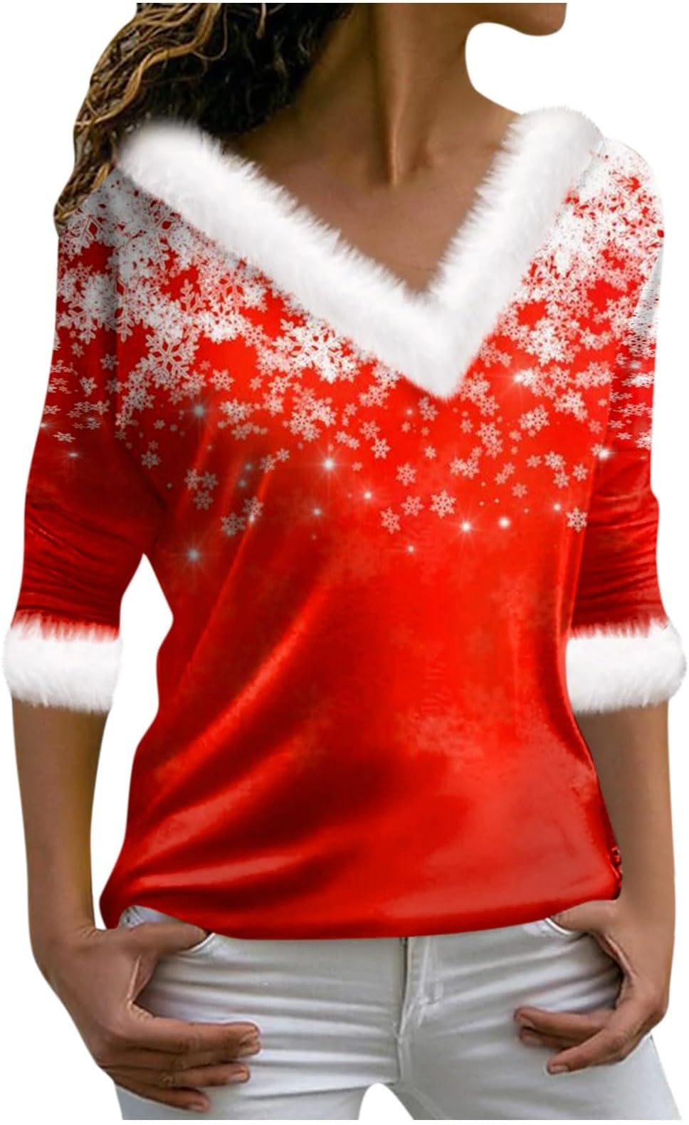 Christmas Tops For Women 2023 Fall Winter Fashion 3/4 Length Sleeve Christmas Tree Printed Fuzzy Fleece Clothes