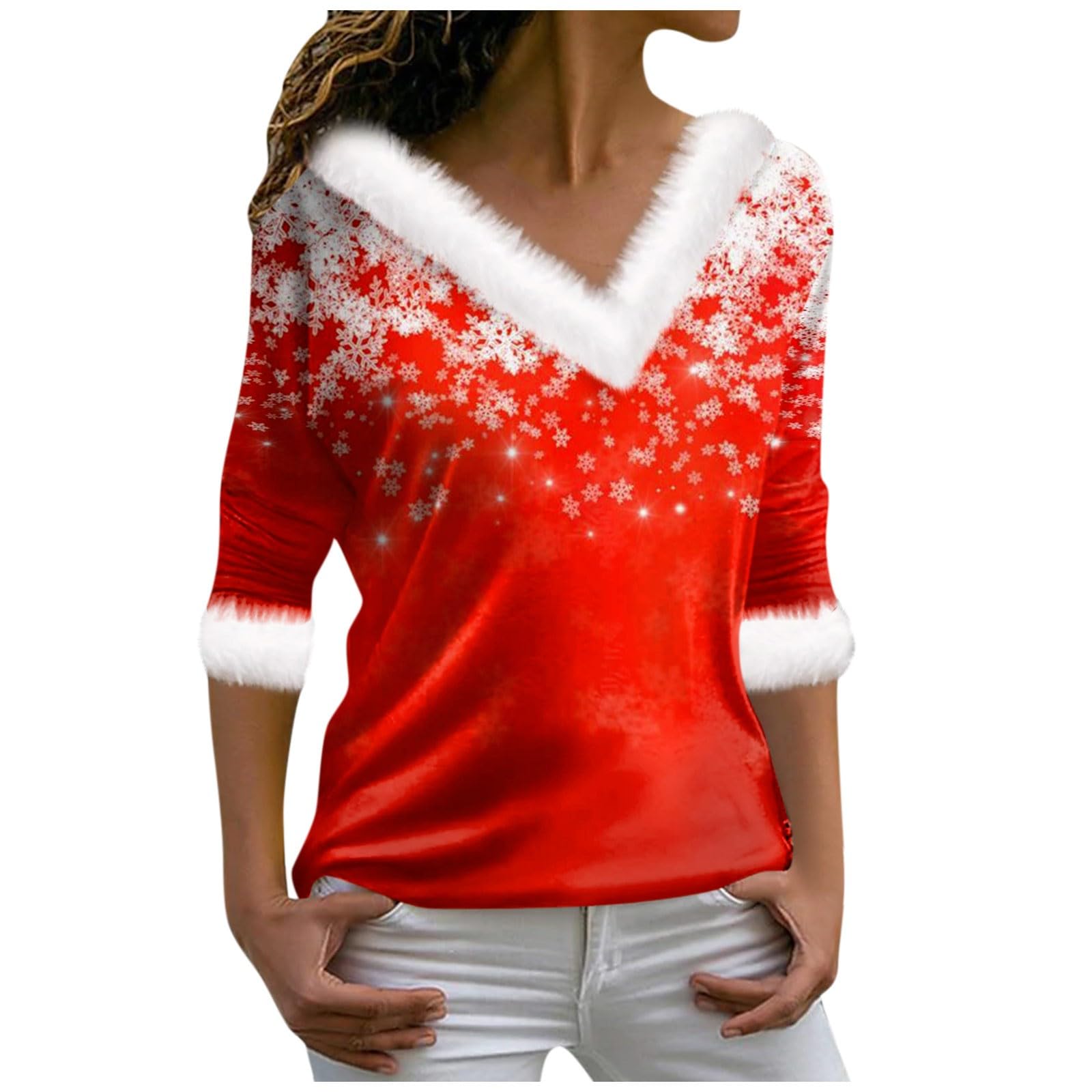 Christmas Tops For Women 2023 Fall Winter Fashion 3/4 Length Sleeve Christmas Tree Printed Fuzzy Fleece Clothes