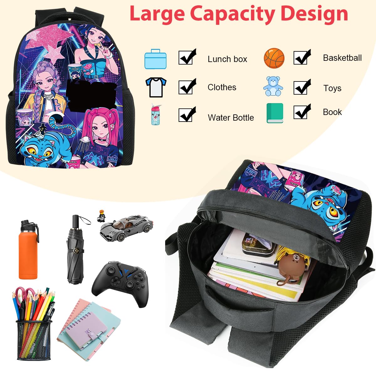 Demon Hunters - Zaino per la scuola per bambini, 33 x 24 x 14,5 cm, stile carino, stella, Di medie dimensioni, moderno