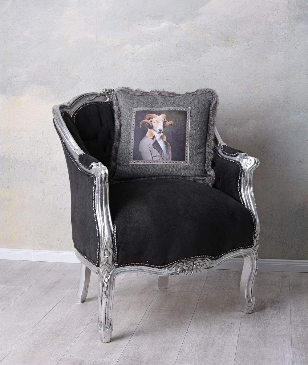 Chaise design baroque, velours beige capitonné, pieds en bois noir